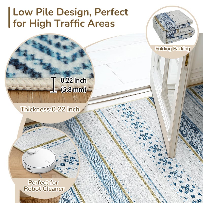 BESTSWEETIE 2x6 Area Rugs for Living Room Washable Moroccan Farmhouse Neutral Geometric Low Pile Non-Slip Soft Print Pattern Rug for Bedroom Kitchen Dining Room Entryway Blue/Brown - Image 3