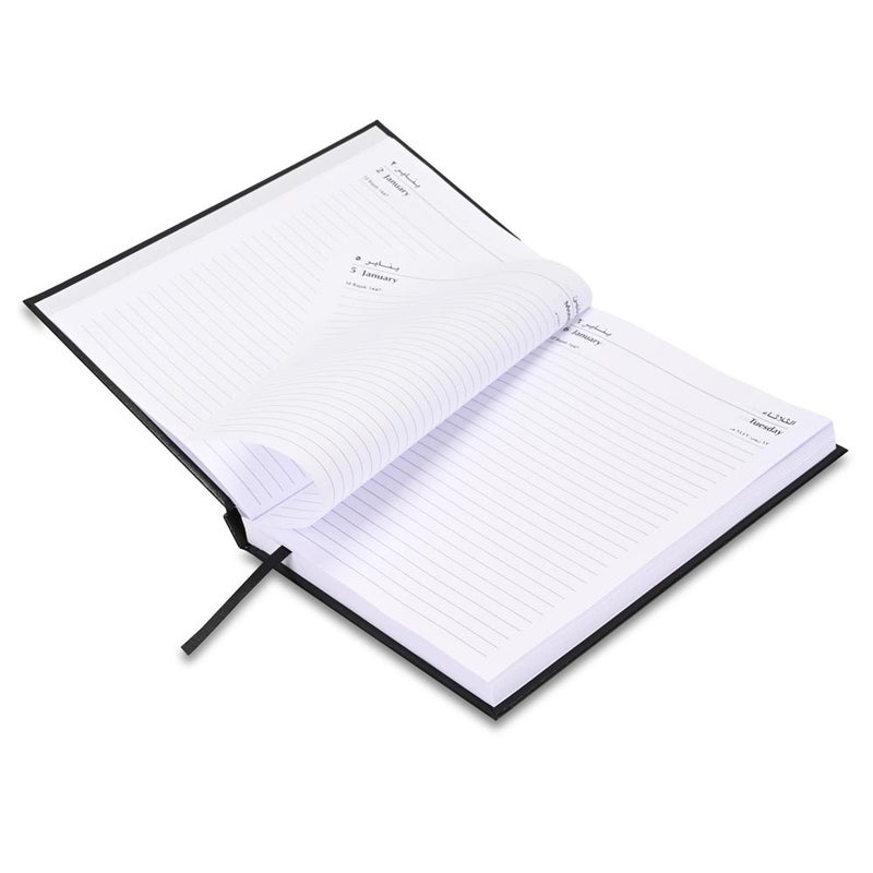 FIS 2026 A5 Diary, 148x210mm Size, Hard Cover Vinyl, 1 Day a Page Format, Saturday and Sunday Combined, English/Arabic, 60gsm White Paper, Black Cover-FSDI90AE26BK - Image 4