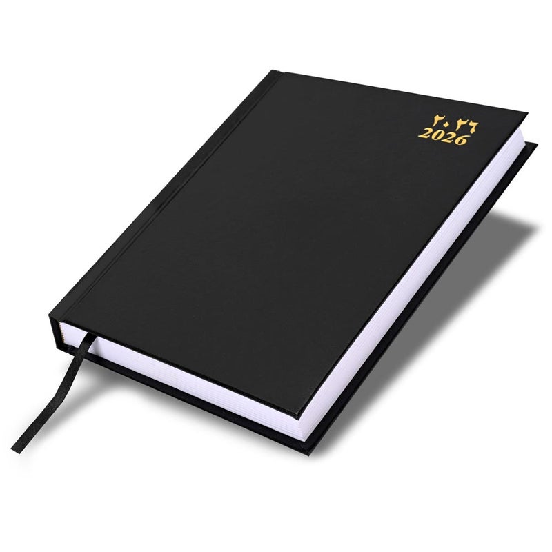 FIS 2026 A5 Diary, 148x210mm Size, Hard Cover Vinyl, 1 Day a Page Format, Saturday and Sunday Combined, English/Arabic, 60gsm White Paper, Black Cover-FSDI90AE26BK - Image 1