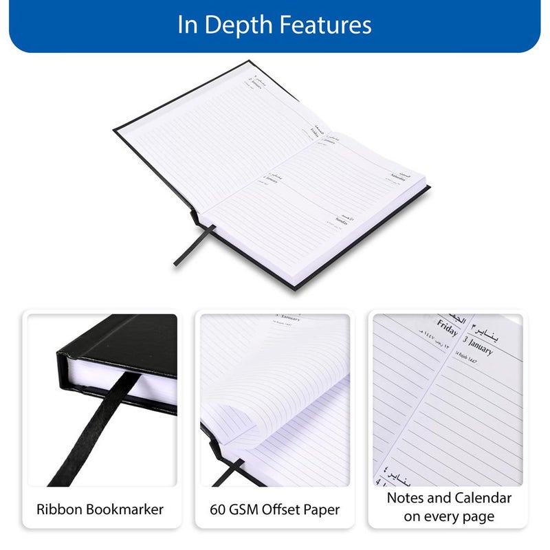 FIS 2026 A5 Diary, 148x210mm Size, Hard Cover Vinyl, 1 Day a Page Format, Saturday and Sunday Combined, English/Arabic, 60gsm White Paper, Black Cover-FSDI90AE26BK - Image 5