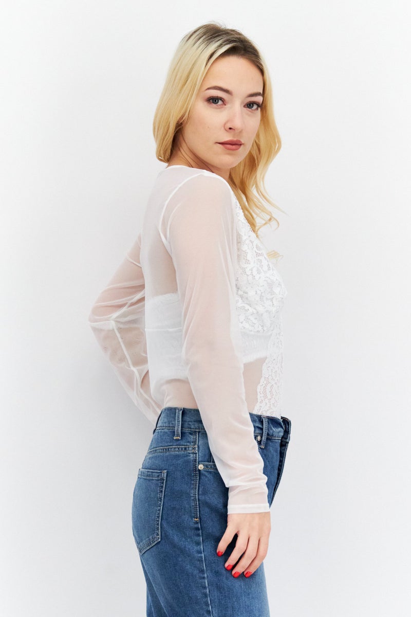 INC Women Textured Long Sleeve Bodysuit, Off White - Image 4