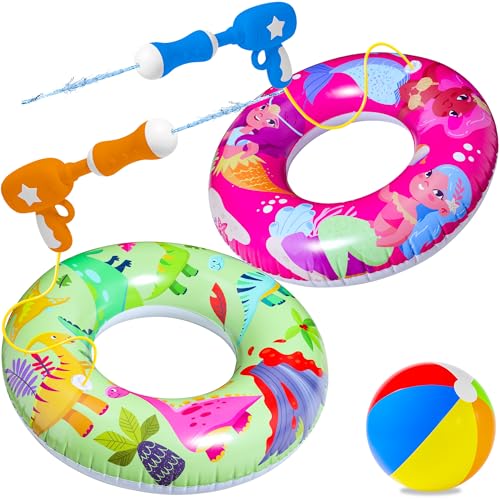 Parentswell 5Pack Pool Party Set Parentswell Inflatable Pool Float Swimming Rings 2 Pool Tubes with 2 Water Guns and 1 Beach Ball Pool Party Favors for Summer Pool and Beach Fun - Image 1