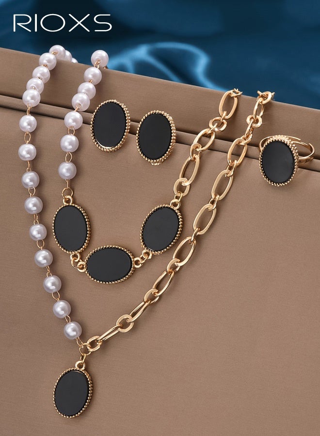 RIOXS Pearl Gold Plated Jewelry Set for Women, Dainty Baroque Black Oval Pandent Necklace Earing Bracelet and Ring, Trendy Half Pearl Chain Half Paperclip Chain, Delicate Jewelry Set for Women Simple Bridesmaid Jewelry Gifts - Image 4