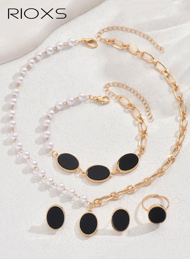 RIOXS Pearl Gold Plated Jewelry Set for Women, Dainty Baroque Black Oval Pandent Necklace Earing Bracelet and Ring, Trendy Half Pearl Chain Half Paperclip Chain, Delicate Jewelry Set for Women Simple Bridesmaid Jewelry Gifts - Image 3