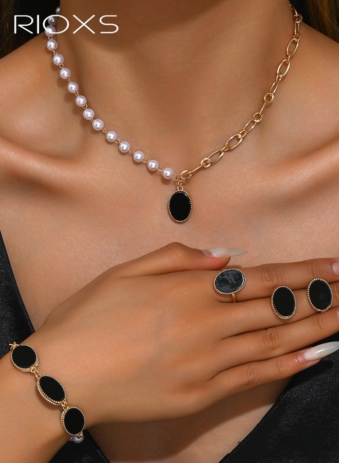RIOXS Pearl Gold Plated Jewelry Set for Women, Dainty Baroque Black Oval Pandent Necklace Earing Bracelet and Ring, Trendy Half Pearl Chain Half Paperclip Chain, Delicate Jewelry Set for Women Simple Bridesmaid Jewelry Gifts - Image 1