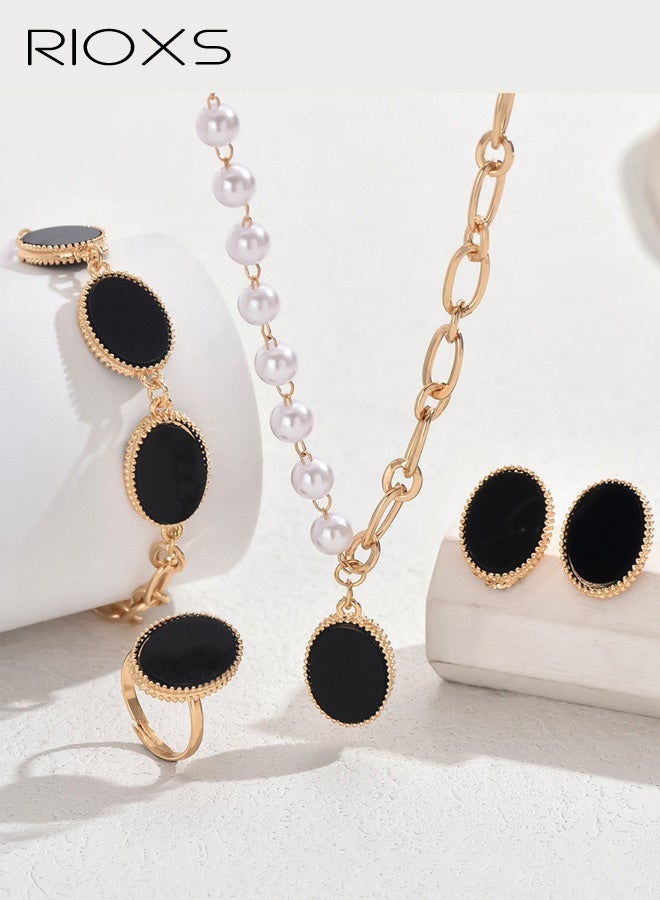 RIOXS Pearl Gold Plated Jewelry Set for Women, Dainty Baroque Black Oval Pandent Necklace Earing Bracelet and Ring, Trendy Half Pearl Chain Half Paperclip Chain, Delicate Jewelry Set for Women Simple Bridesmaid Jewelry Gifts - Image 2