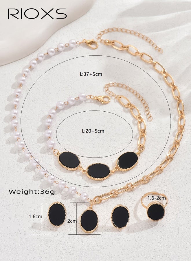 RIOXS Pearl Gold Plated Jewelry Set for Women, Dainty Baroque Black Oval Pandent Necklace Earing Bracelet and Ring, Trendy Half Pearl Chain Half Paperclip Chain, Delicate Jewelry Set for Women Simple Bridesmaid Jewelry Gifts - Image 5