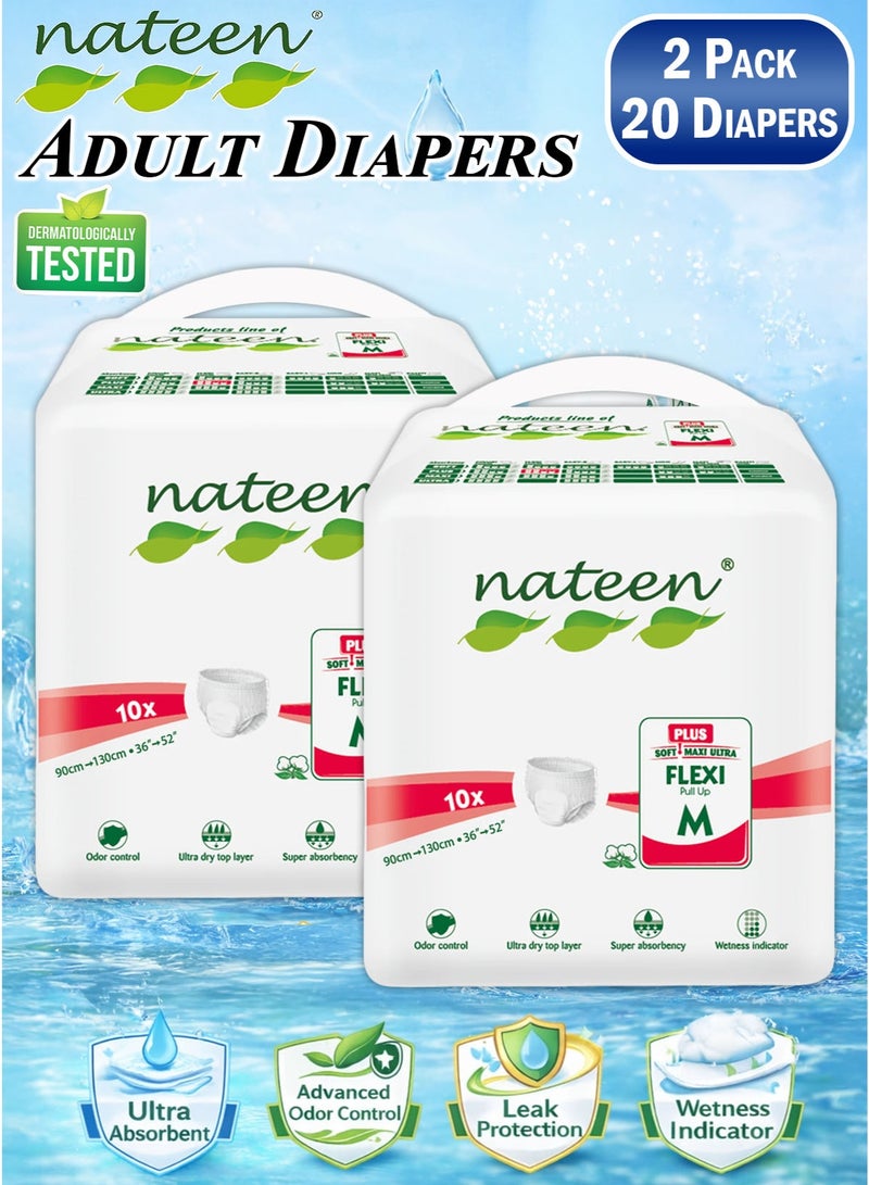 nateen 20 Count Pack of 2 Nateen Flexi Plus Adult Diapers Pants Pull Up, Medium Size M Waist 90–130cm (37–49in), Disposable Incontinence Underwear for Men & Women, Super Absorbent Adult Pull Ups with Leak Protection, Breathable Soft Comfortable Fit, Overnight Protection Up to 2.15L Absorbency - Image 1
