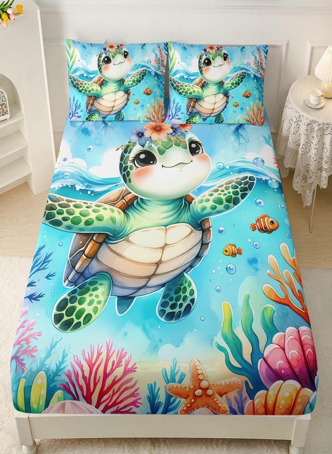 AILONEN Cute Sea Turtle Fitted Sheet Set Queen Size, Ocean Turtle 3D Printed Bed Sheet Set,Watercolor Jellyfish Coral Shell Breathable Fitted Sheet with 2 Pillowcases,3 Pieces - Image 1
