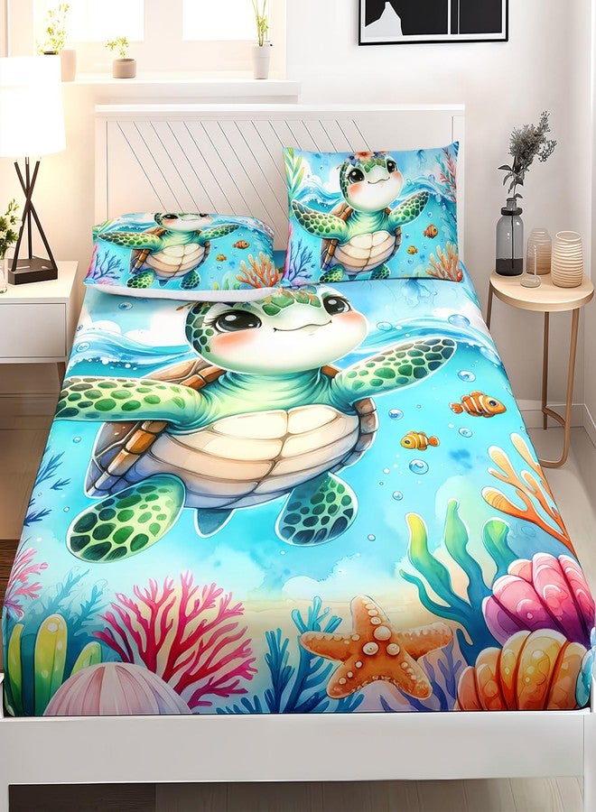 AILONEN Cute Sea Turtle Fitted Sheet Set Queen Size, Ocean Turtle 3D Printed Bed Sheet Set,Watercolor Jellyfish Coral Shell Breathable Fitted Sheet with 2 Pillowcases,3 Pieces - Image 2