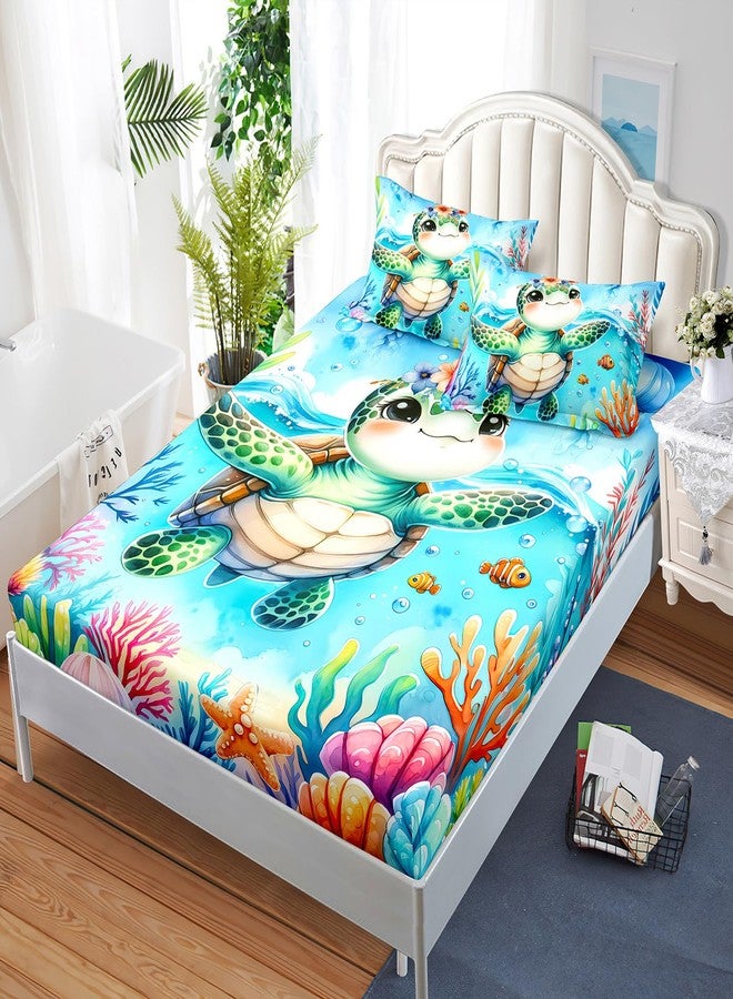 AILONEN Cute Sea Turtle Fitted Sheet Set Queen Size, Ocean Turtle 3D Printed Bed Sheet Set,Watercolor Jellyfish Coral Shell Breathable Fitted Sheet with 2 Pillowcases,3 Pieces - Image 3