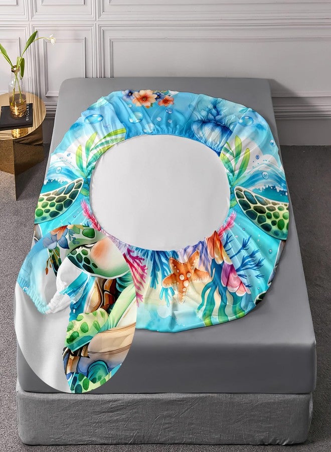AILONEN Cute Sea Turtle Fitted Sheet Set Queen Size, Ocean Turtle 3D Printed Bed Sheet Set,Watercolor Jellyfish Coral Shell Breathable Fitted Sheet with 2 Pillowcases,3 Pieces - Image 4
