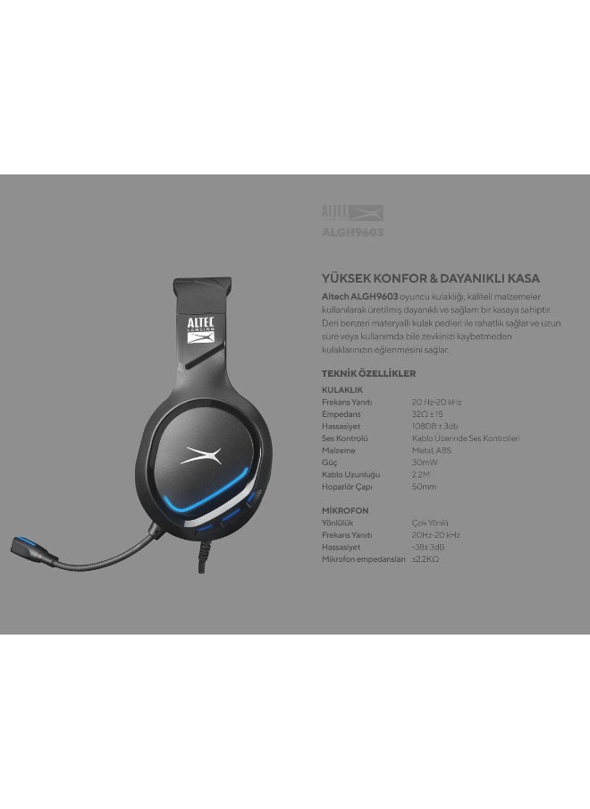 ALGH9603 Gaming Headset - Mesh Earcups - Noise Cancelling Microphone - Inline Volume Control - Breaded Cable