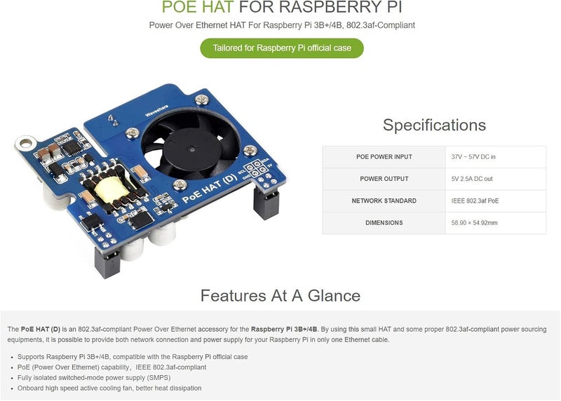 Waveshare Power Over Ethernet HAT (Type D) for Raspberry Pi 3B+/4B 802.3af-Compliant Tailored for Raspberry Pi Official Case - Image 3