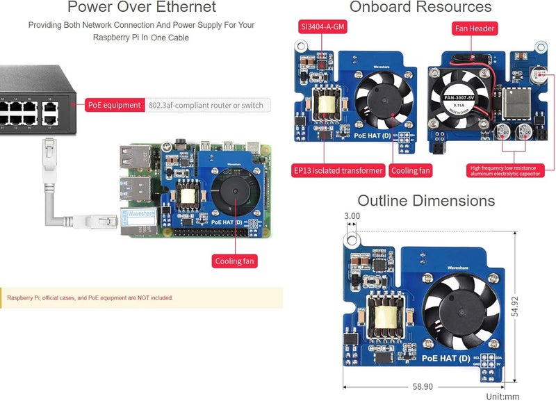 Waveshare Power Over Ethernet HAT (Type D) for Raspberry Pi 3B+/4B 802.3af-Compliant Tailored for Raspberry Pi Official Case - Image 5