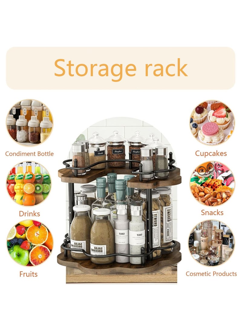 LOOPITYS Double layer rotating spice rack, double-layer storage rack, 306 ° rotating storage tray made of wood, with a stable carousel base and 4 height settings, suitable for storage in cabinets, kitchen countertops, dining tables, refrigerators, cabinets, dressing tables (petal shape size: 30cm * 30cm * 26cm) - Image 4