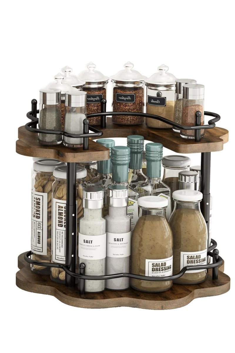 LOOPITYS Double layer rotating spice rack, double-layer storage rack, 306 ° rotating storage tray made of wood, with a stable carousel base and 4 height settings, suitable for storage in cabinets, kitchen countertops, dining tables, refrigerators, cabinets, dressing tables (petal shape size: 30cm * 30cm * 26cm) - Image 1
