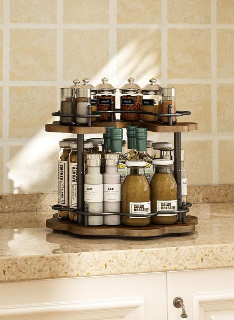 LOOPITYS Double layer rotating spice rack, double-layer storage rack, 306 ° rotating storage tray made of wood, with a stable carousel base and 4 height settings, suitable for storage in cabinets, kitchen countertops, dining tables, refrigerators, cabinets, dressing tables (petal shape size: 30cm * 30cm * 26cm) - Image 2