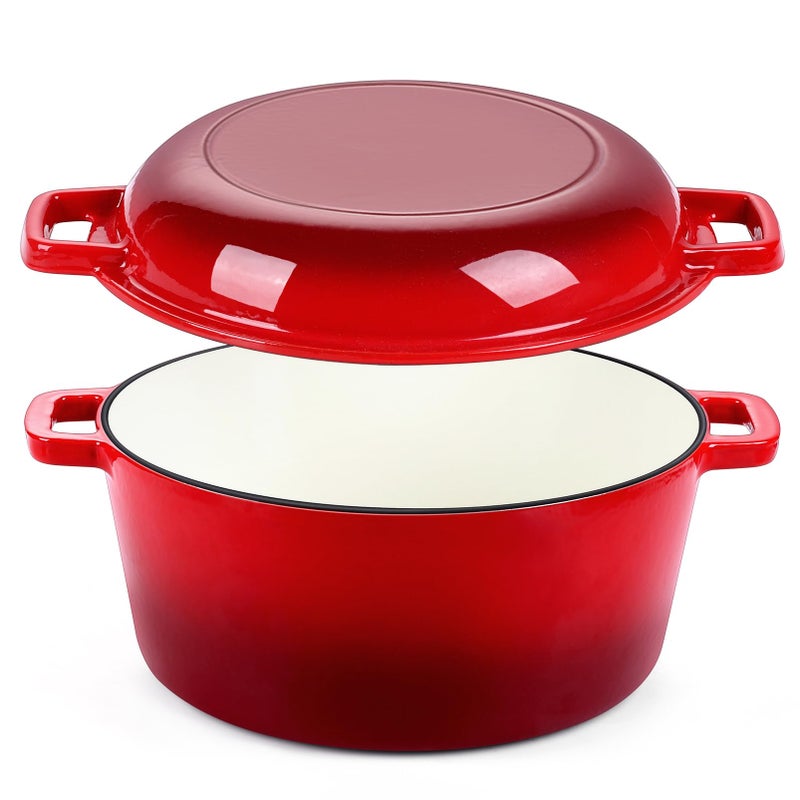 PP CHEF 5Qt Dutch Oven Pot for Bread Baking Red 2 In 1 Round Cast Iron Dutch Oven with Lid Set Skillet  Pot for Roasting Braising Stewing Frying Simmering Multi Stoves  Oven Safe