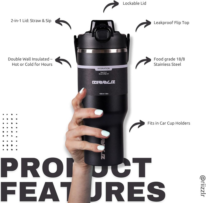 Riizzlr 1000ml Insulated Water Bottle Tumbler with 2-in-1 Straw & Sip Lid – Stainless Steel Vacuum Flask, Double Wall, BPA-Free, Leakproof, Wide Mouth, Keeps Drinks Hot 12H / Cold 24H (Black) - Image 3
