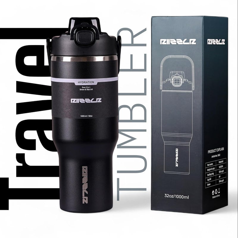 Riizzlr 1000ml Insulated Water Bottle Tumbler with 2-in-1 Straw & Sip Lid – Stainless Steel Vacuum Flask, Double Wall, BPA-Free, Leakproof, Wide Mouth, Keeps Drinks Hot 12H / Cold 24H (Black) - Image 2