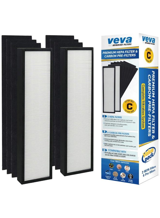 Veva 2 HEPA Air Filters & 6 Carbon Pre-Filters Replacement Filter C Compatible with Germguardian FLT5000/FLT5111 FLT5250PT, AC5000, AC5000E, AC5250PT, AC5350B, AC5350BCA, AC5350W, AC5300B - Image 1