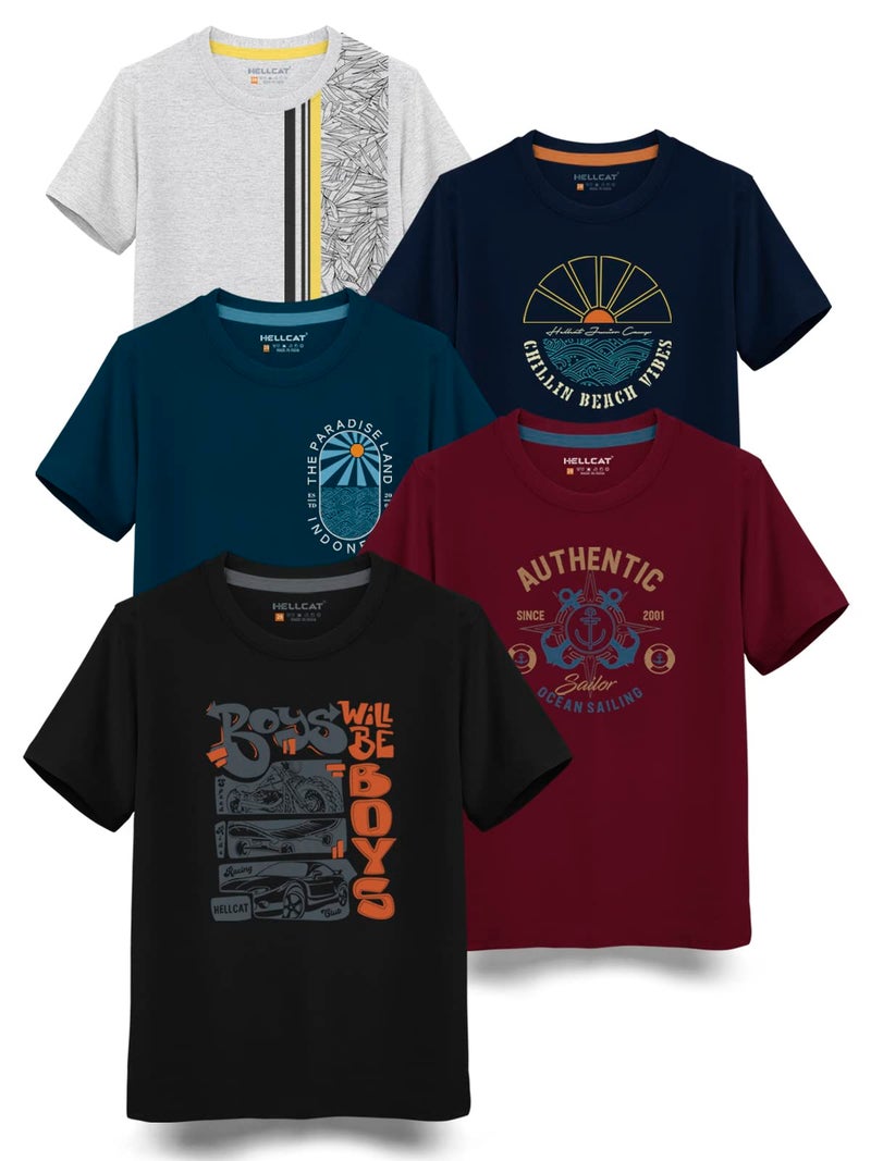 HELLCAT Trendy Typographic Printed Cotton Blend Half Sleeve T-Shirt for Boys - Pack of 5 / Black & Burgundy & Petrol Blue & Navy Blue & White Melange / 5-6 Years - Image 1