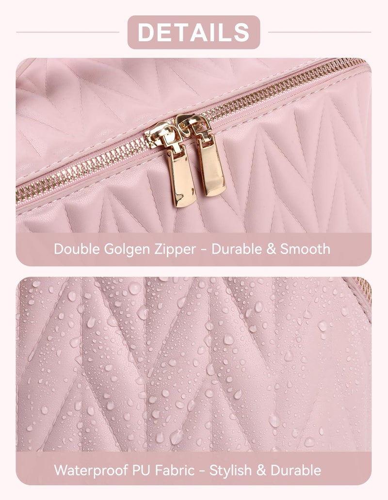 VIDIBESTY Travel Makeup Bag for Women, Large Capacity Cosmetic Bags for Girls, Compact Pouch Make up Organizer, Waterproof Toiletry Bag with Divider and Handle (Pink) - Image 5