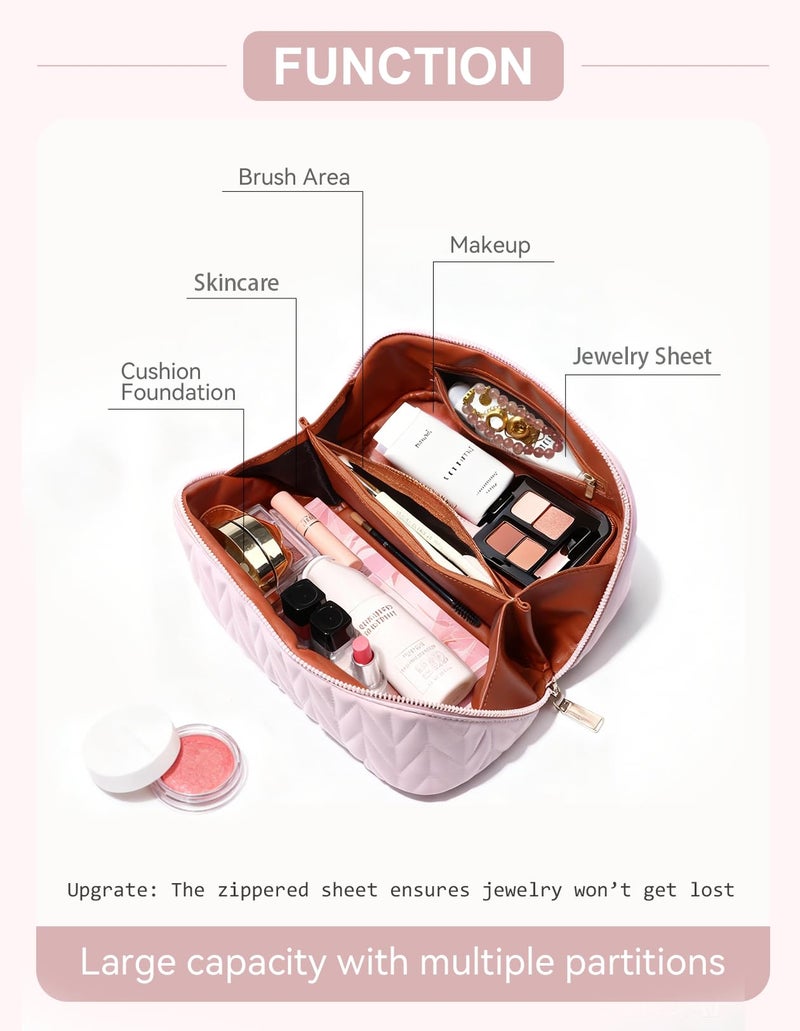 VIDIBESTY Travel Makeup Bag for Women, Large Capacity Cosmetic Bags for Girls, Compact Pouch Make up Organizer, Waterproof Toiletry Bag with Divider and Handle (Pink) - Image 2