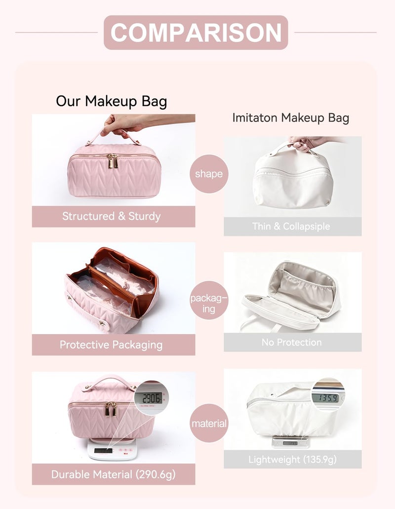 VIDIBESTY Travel Makeup Bag for Women, Large Capacity Cosmetic Bags for Girls, Compact Pouch Make up Organizer, Waterproof Toiletry Bag with Divider and Handle (Pink) - Image 3