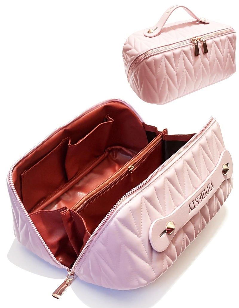VIDIBESTY Travel Makeup Bag for Women, Large Capacity Cosmetic Bags for Girls, Compact Pouch Make up Organizer, Waterproof Toiletry Bag with Divider and Handle (Pink) - Image 1