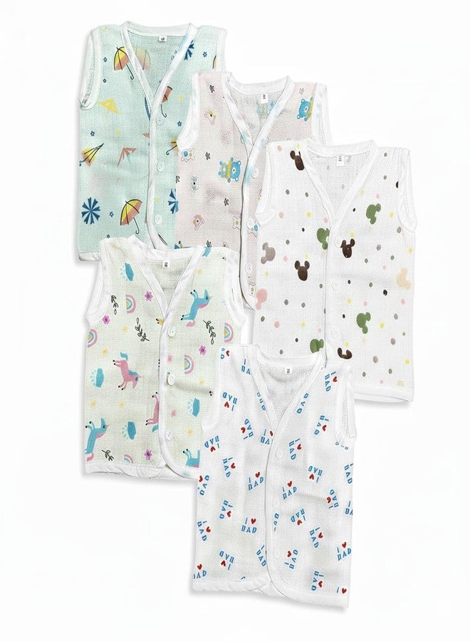 XADIZ 100% Organic Cotton Newborn Baby Jablas | Muslin Button Jabla | White Jabla | Summerwear Jabala | Sleeveless Vest | Baby Products (MULTICOLOR, 0-3 MONTH (Pack Of 05)) - Image 1