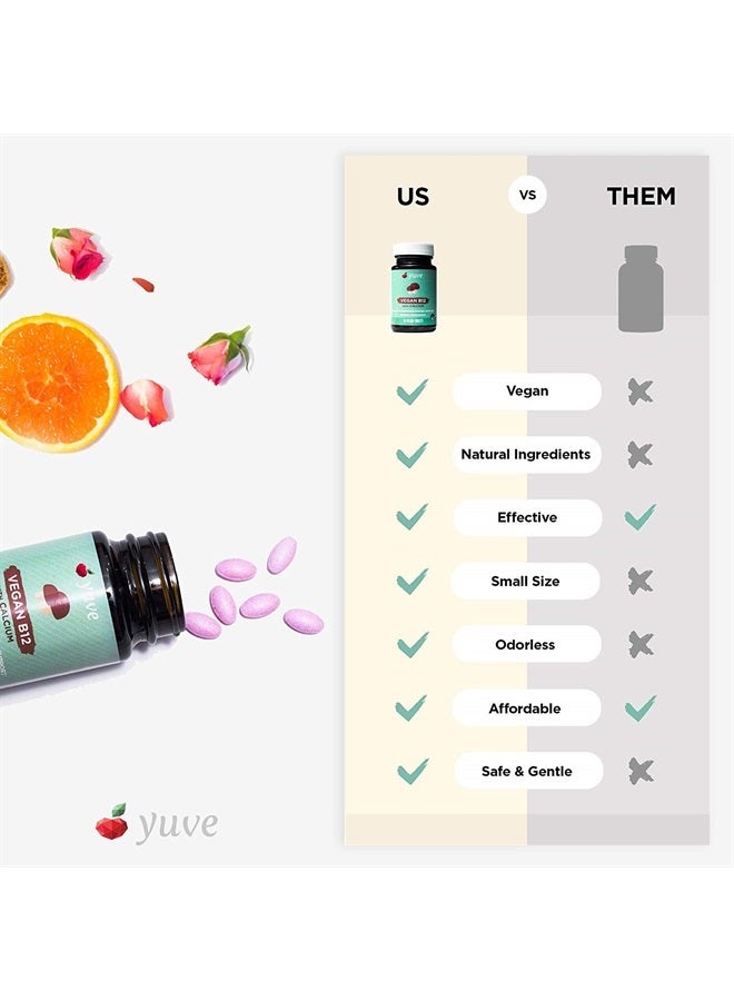 Yuve Vegan B12 with Calcium for Maximum Absorbption - Active Energy & Central Nervous System Support - 1000mcg Cobalamin Vitamin B 12 - Natural, Non-GMO, Gluten-Free, Sugar-Free - 30 Tabs - Image 5