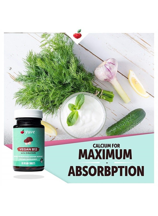 Yuve Vegan B12 with Calcium for Maximum Absorbption - Active Energy & Central Nervous System Support - 1000mcg Cobalamin Vitamin B 12 - Natural, Non-GMO, Gluten-Free, Sugar-Free - 30 Tabs - Image 4
