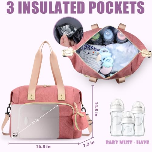 Tuwubi Diaper Bag Tote,Baby Diaper Bag with Pacifier Case Large Travel Diaper Tote Caddy for Mom and Dad Multifunction Large Baby Bag - Pink - Image 4