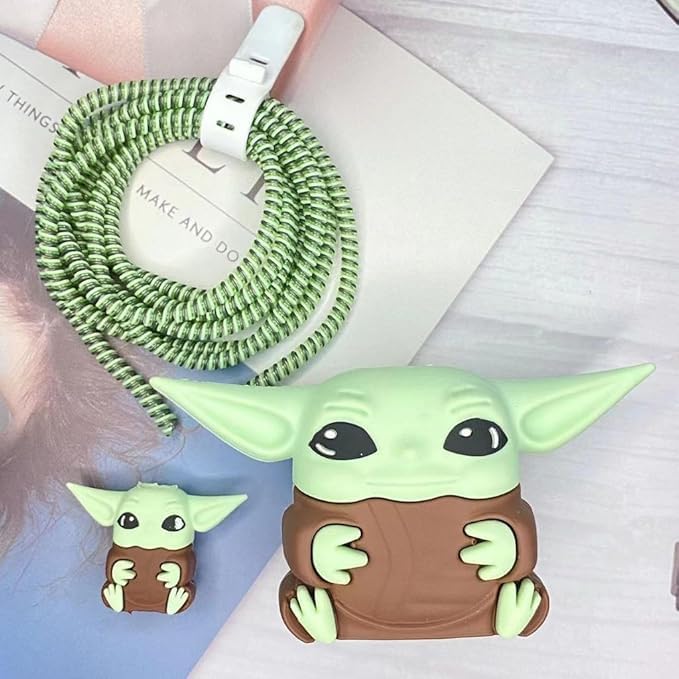 Like Star Protective Casee Cover 4in1 Compatible with Apple 20W/18W iPhone USB-C Power Adapter Charger Protection Case & Wire Saver,3D Cartoon Character Case 360 Degree Protection Cover(Green Yoda) - Image 3