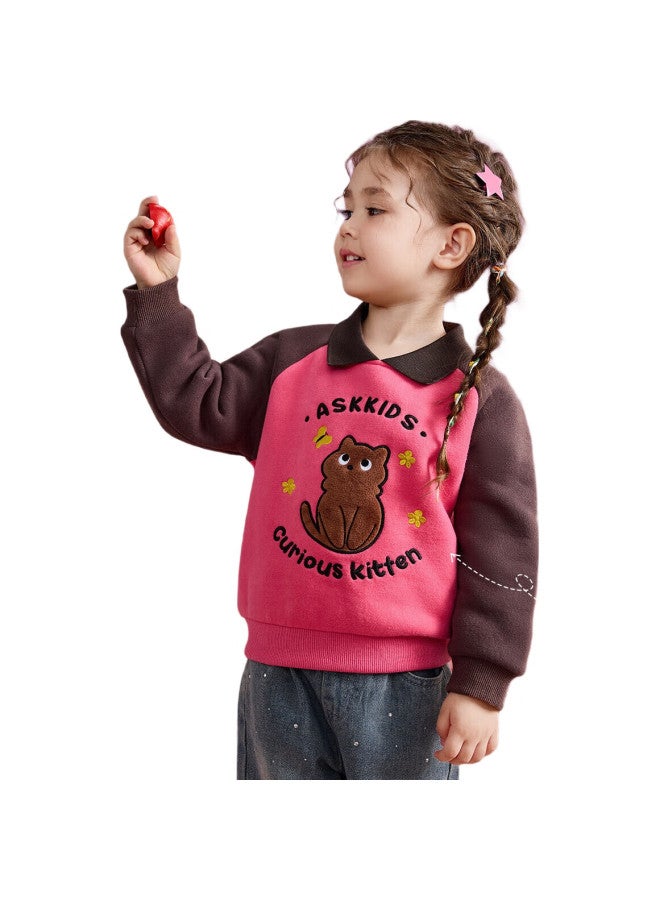 Ask Junior Girls' Sweatshirt Autumn Thin Fleece Knit Top, Cute Style Baby Undershirt, Pink, Size 130 - Image 3