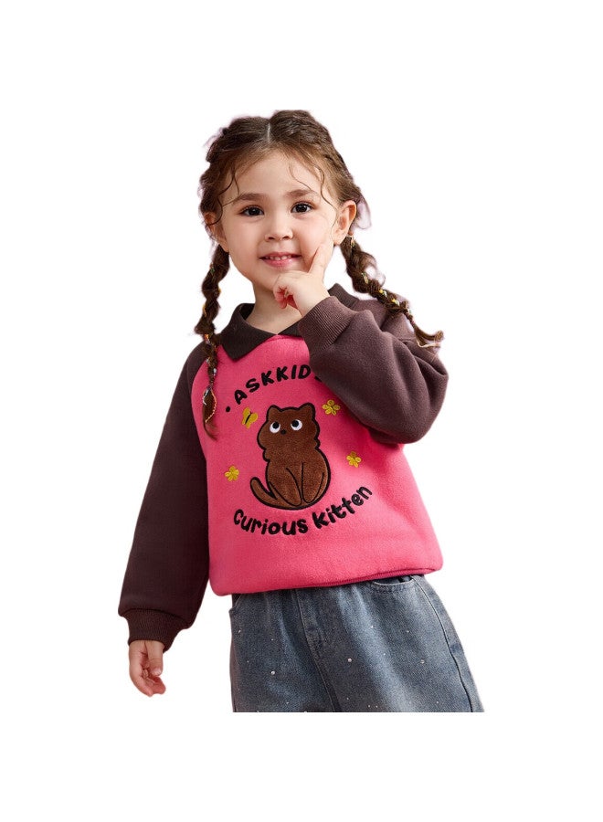 Ask Junior Girls' Sweatshirt Autumn Thin Fleece Knit Top, Cute Style Baby Undershirt, Pink, Size 130 - Image 2