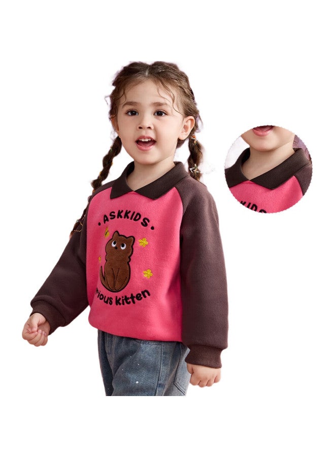 Ask Junior Girls' Sweatshirt Autumn Thin Fleece Knit Top, Cute Style Baby Undershirt, Pink, Size 130 - Image 1