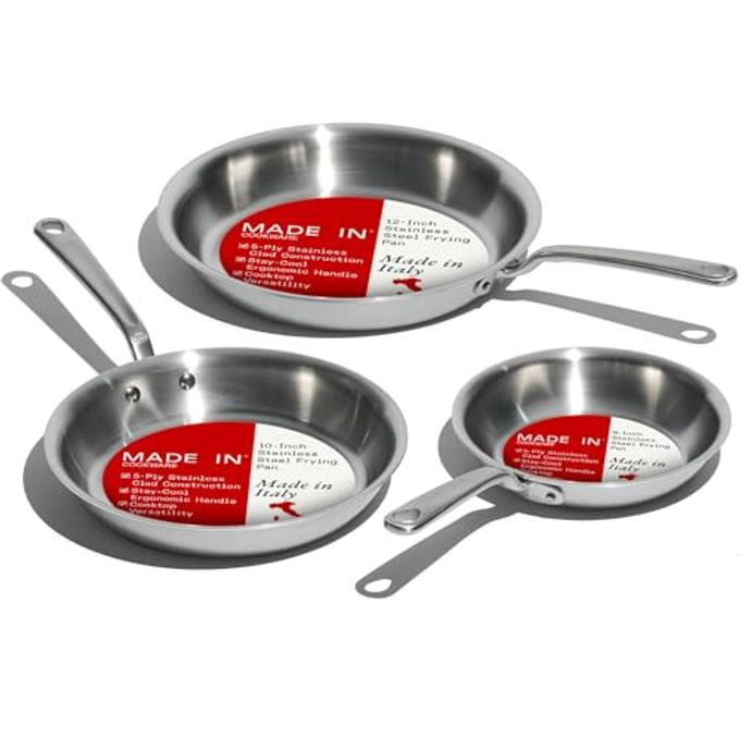 Madein Made In Cookware | 3-Piece (Includes 8",10",12") Stainless Frying Pan Set | 5 Ply Stainless Clad | Professional Cookware | Crafted In Italy | Induction Compatible - Image 1