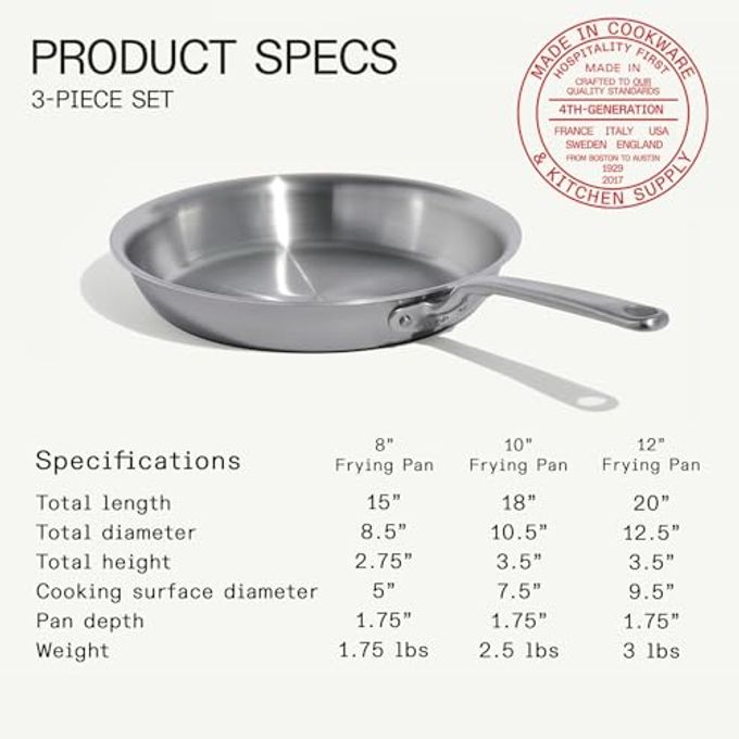 Madein Made In Cookware | 3-Piece (Includes 8",10",12") Stainless Frying Pan Set | 5 Ply Stainless Clad | Professional Cookware | Crafted In Italy | Induction Compatible - Image 3
