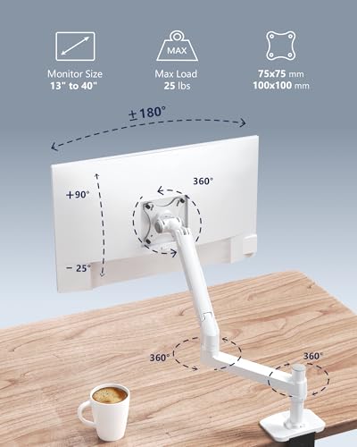 Ergounion Heavy Duty Single Monitor Arm, Mechanical Spring Desk Mount for 13-40 Inch Ultrawide Screens, Holds up to 25lbs, High-Grade Aluminum VESA Mount with C-Clamp & Grommet Base, No-Droop, White - Image 2