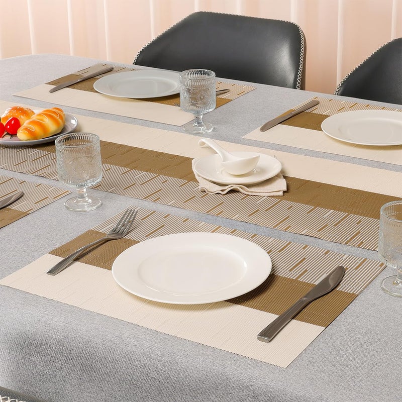Chitomars Placemats Set of 6, Vinyl Woven Place Mats Indoor Set of 6 Washable Wipeable PVC Table Mats Heat-Resistant Non Slip Placemat for Kitchen Dining Outdoor Table (Beige Light Brown, Set of 6) - Image 3