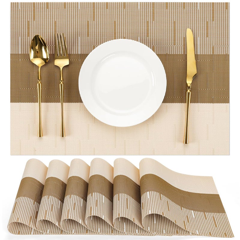 Chitomars Placemats Set of 6, Vinyl Woven Place Mats Indoor Set of 6 Washable Wipeable PVC Table Mats Heat-Resistant Non Slip Placemat for Kitchen Dining Outdoor Table (Beige Light Brown, Set of 6) - Image 1