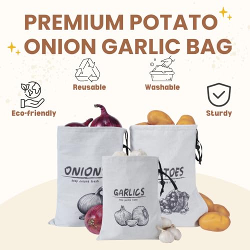 LeCorner Potato Onion Garlic Storage Bag, Reusable Potato Onion and Storage Bag for Pantry, Vegetable Storage Bags with Drawstring Closure, 3 Packs (Potato Onion Garlic Bag) - Image 5