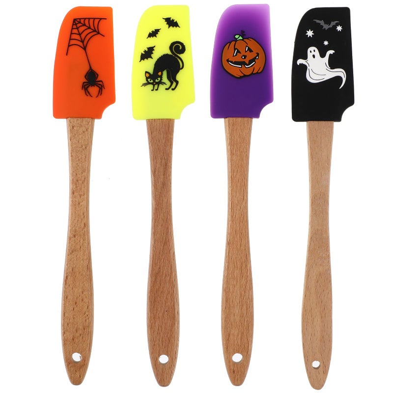 DOITOOL Halloween Silicone SpatulaGhost Spider Cat Pumpkin Pattern Holiday Spatulas Halloween ScraperBaking Spatula with Wooden Handle for Halloween Party 84x14 inch
