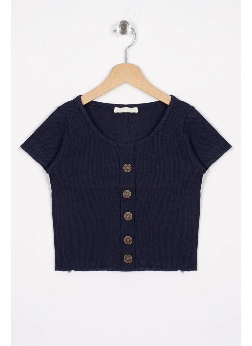 Zepkids Crew Neck Short Sleeve Ribbed Navy Blue Color Girls T-shirt