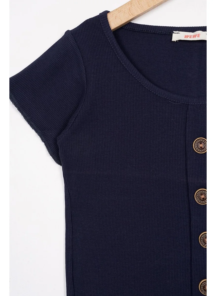 Zepkids Crew Neck Short Sleeve Ribbed Navy Blue Color Girls T-shirt