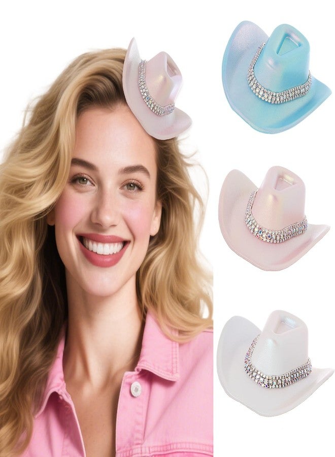 Bohend Cowboy Mini Hat Western Rhinestone Cowboy Hat Neon Women Cowgirl Hats Disco Party Cap Cosplay Costume Accessory 3PCS (Polyester, Light Rhinestones) - Image 1