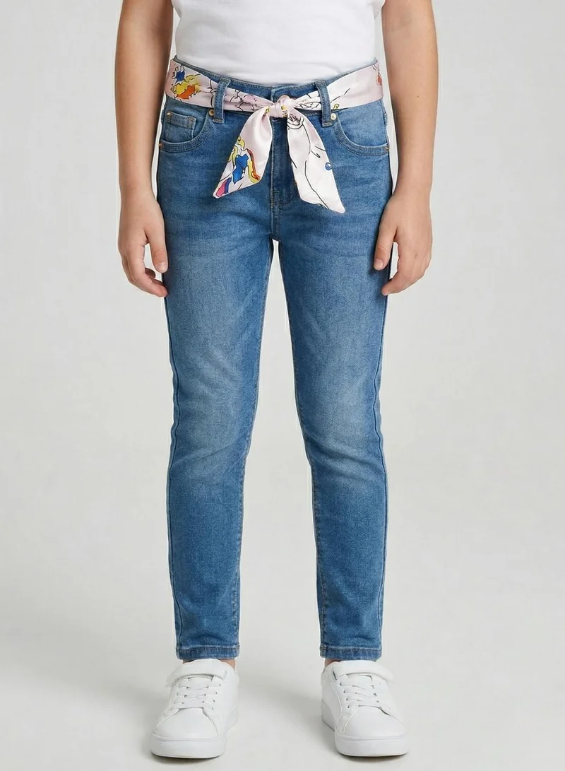 بيبي كلو Girls Tie Belt Adjustable Waist Slim Jeans
